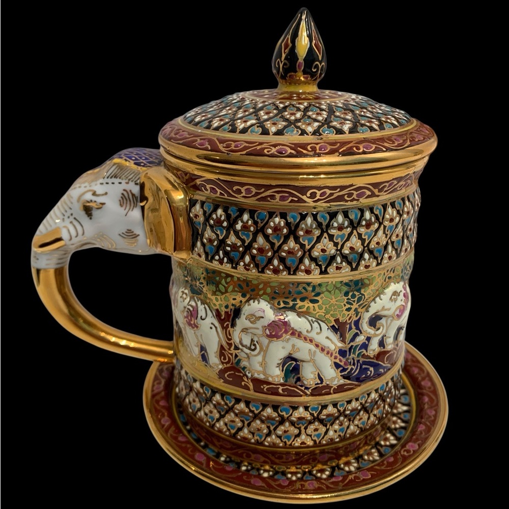 Vintage Thai Benjarong Porcelain White Elephant Mug & Saucer Moriage Enameled